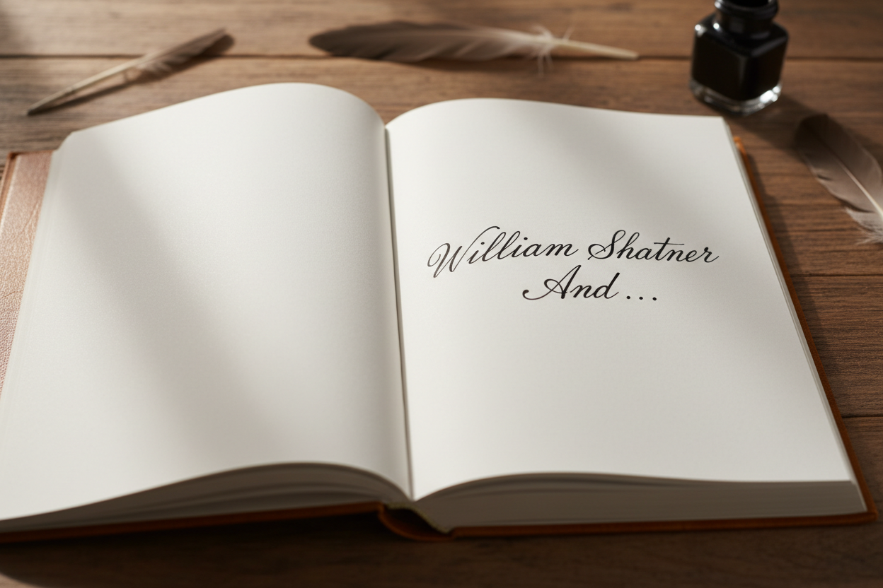 a book with a blank page and a handwrite line that says "William Shatner And..."